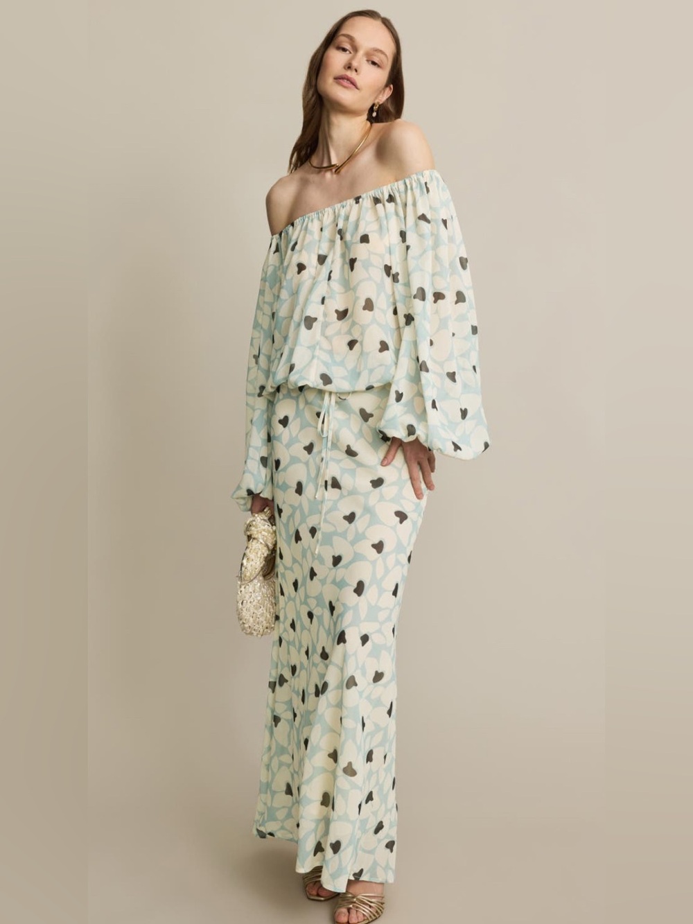 Off-Shoulder Floral Maxi Skirt and top in Mint and Ivory